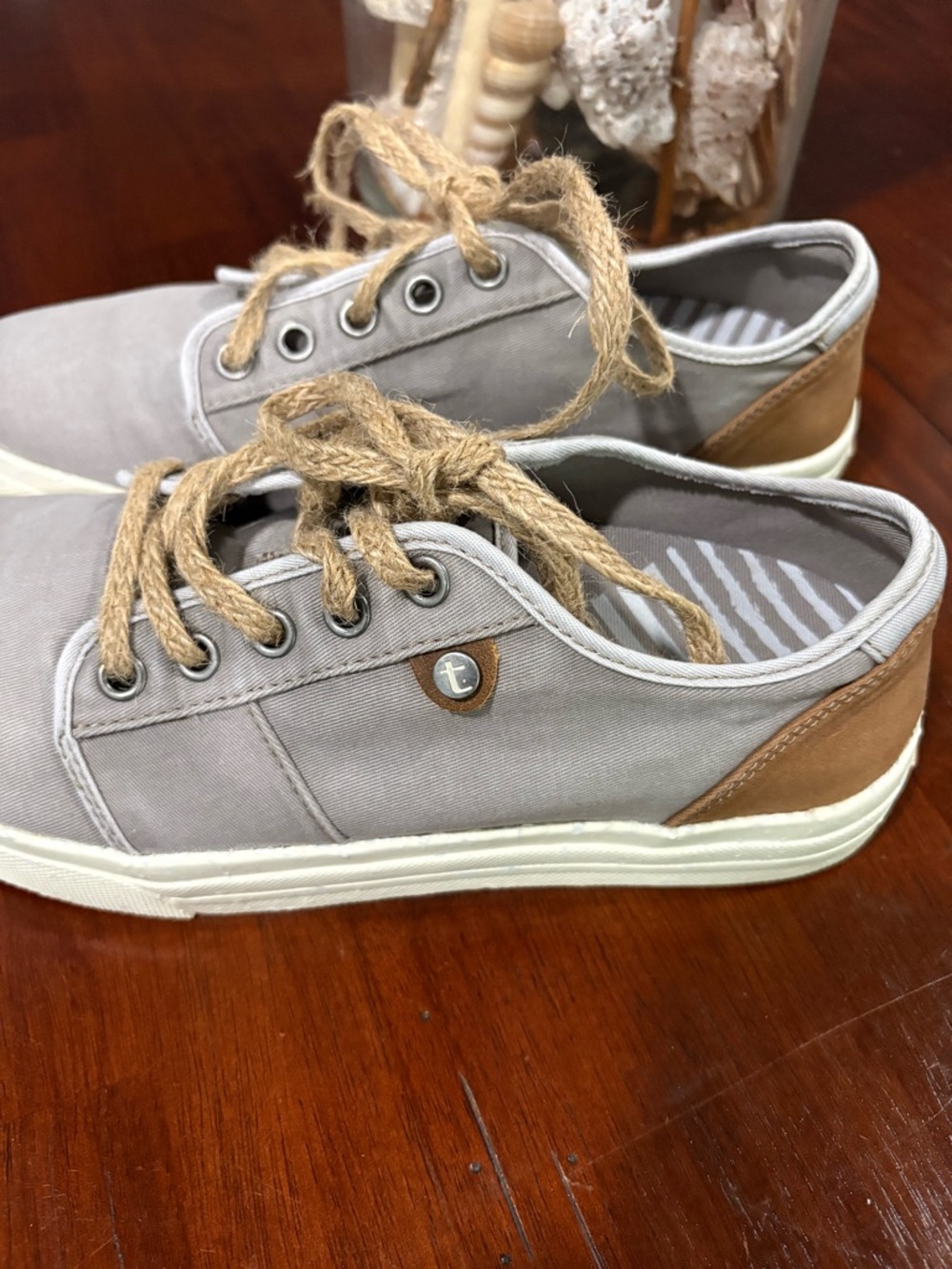 Taos Footwear Gray Canvas Sneakers with Brown Heel Accents
